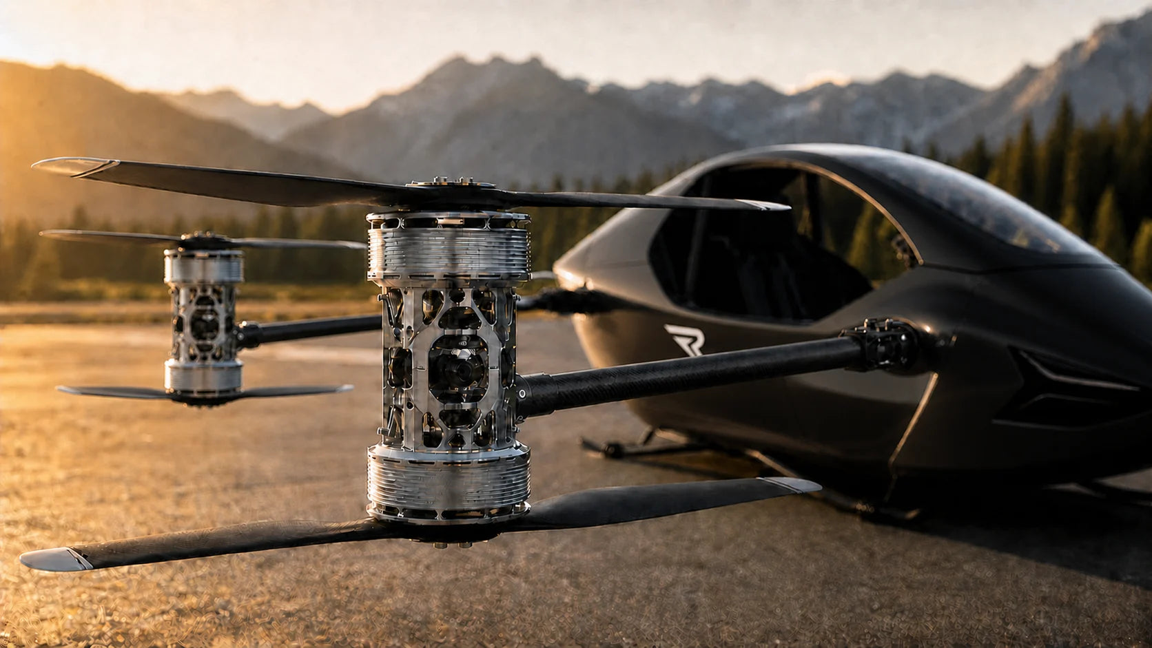 Satin-black REVTOL R3 Plus propulsion station and aircraft at sunset