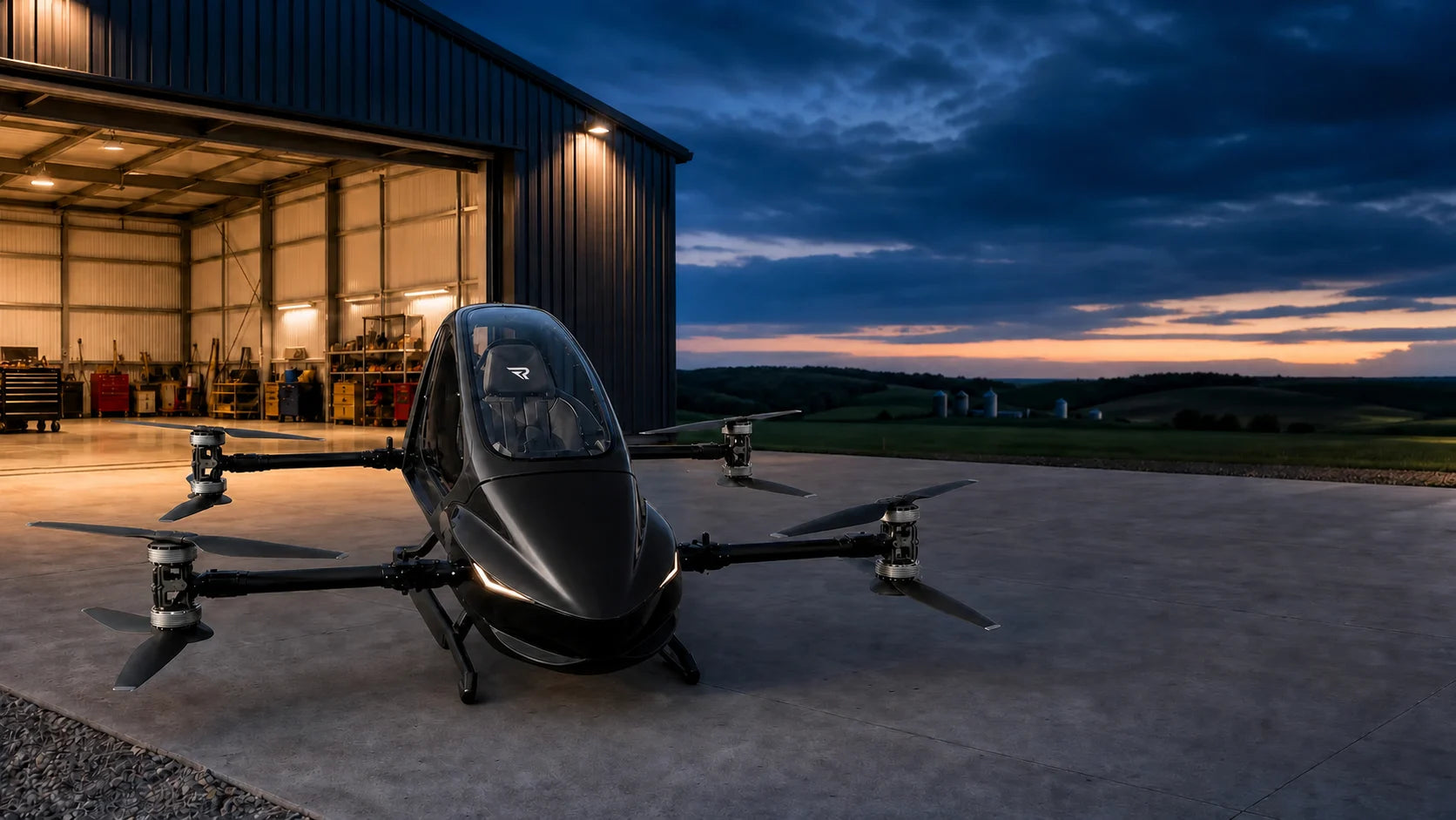 R3+ aircraft on the flightline at dusk