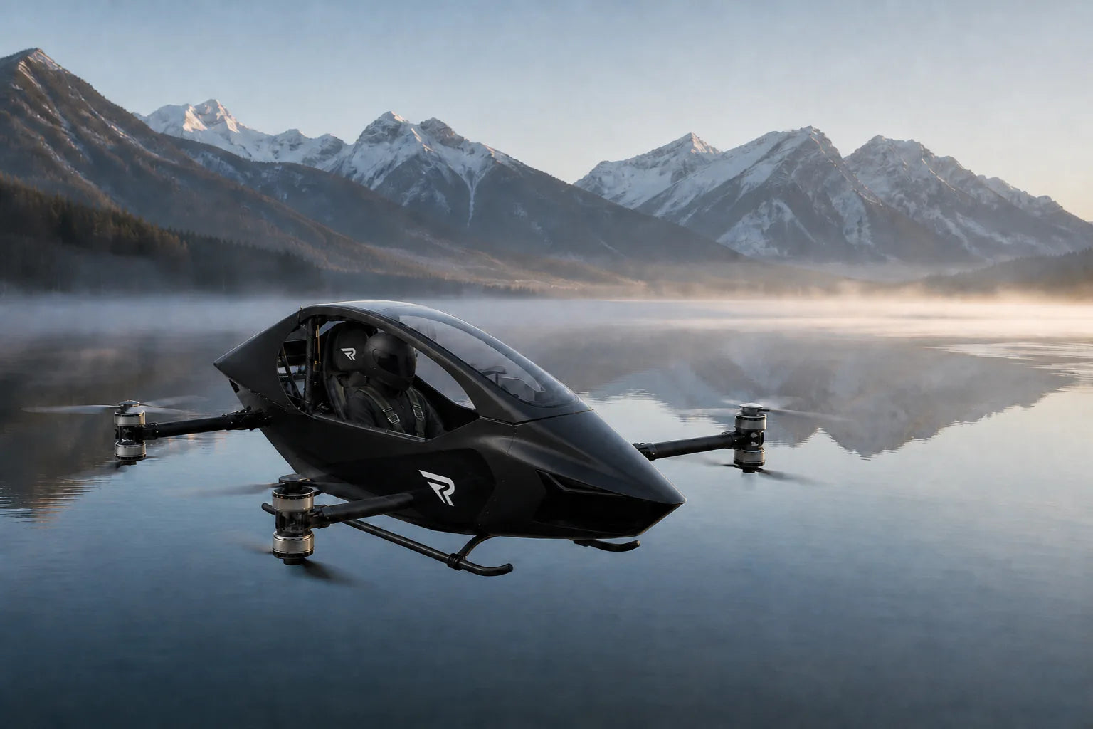 Black personal aircraft beside an alpine lake